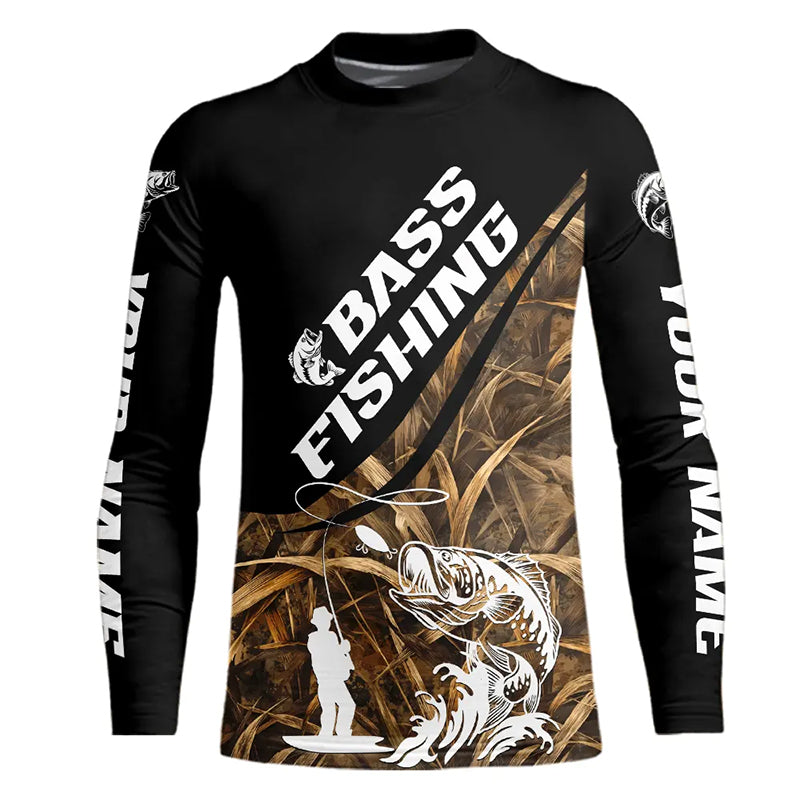Personalized Largemouth Bass Youth Fishing Shirts Tatto Grass Camo Customized Fishing Tournament Shirts NBT355