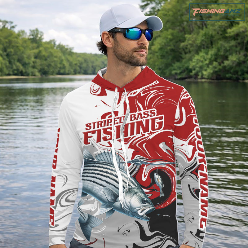 Red Camo Striped Bass Fishing Hooded Custom Shirts, Striped Bass Team Fishing Jerseys NBT1030