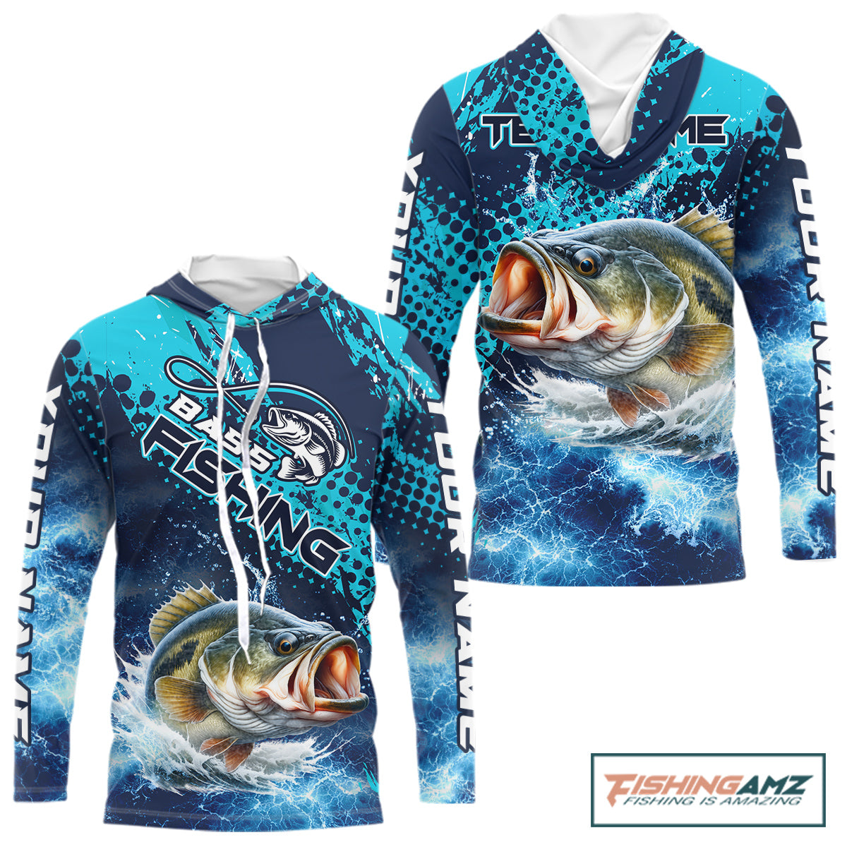 Thunder Lightning Bass Fishing Tournament Shirts with Hood Blue Camo, Custom Bass Fishing Shirts For Men NBT448