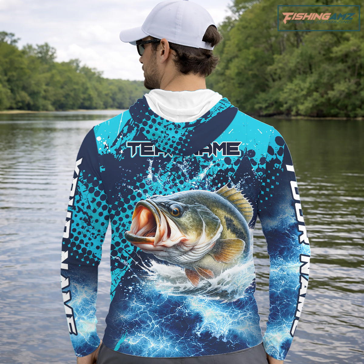 Thunder Lightning Bass Fishing Tournament Shirts with Hood Blue Camo, Custom Bass Fishing Shirts For Men NBT448