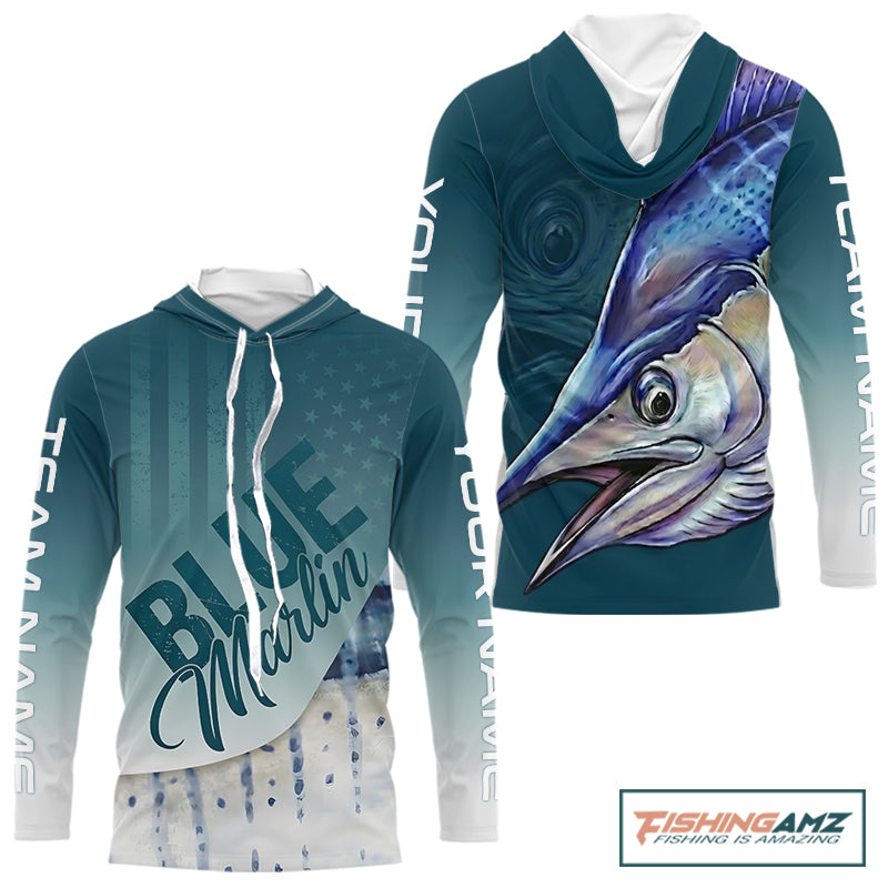 Front and back view of American Flag Marlin patriotic fishing jersey with personalized name on sleeves