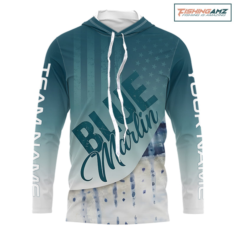 Front view of personalized American Flag Marlin long sleeve hooded fishing shirt with patriotic design