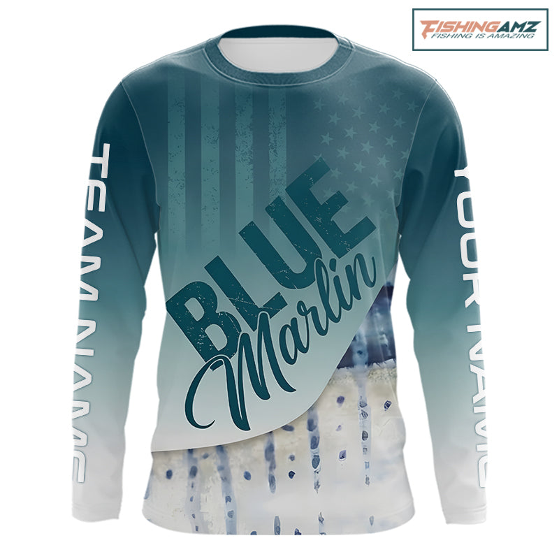 Front view of personalized American Flag Marlin long sleeve fishing shirt with patriotic design