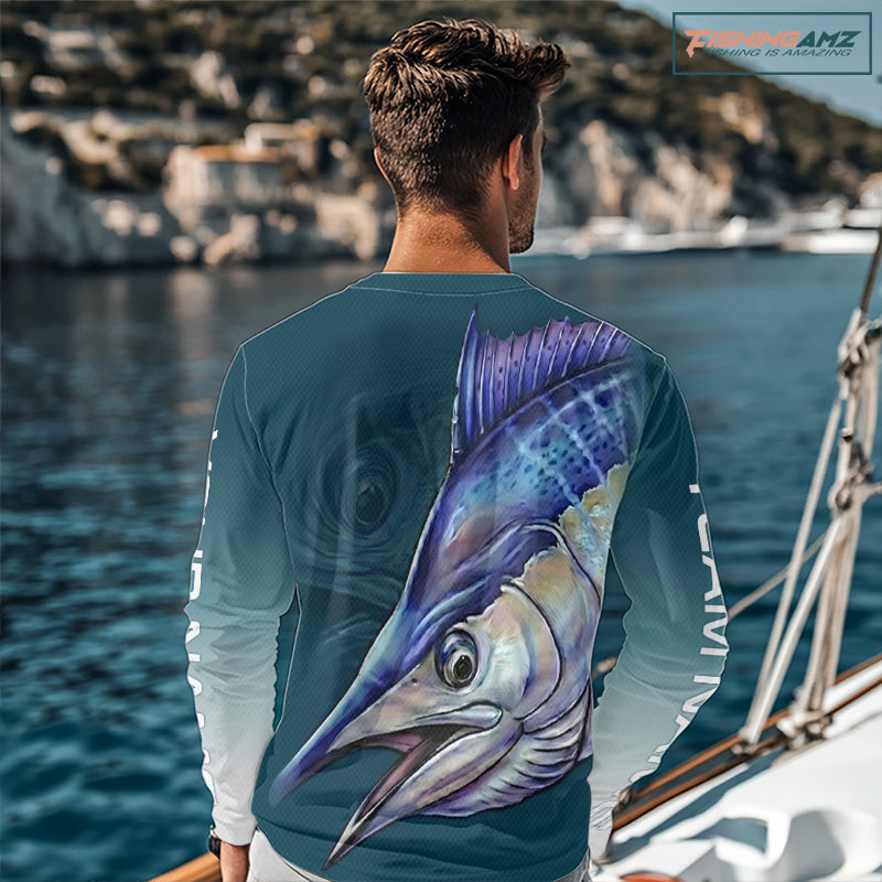 Angler wearing patriotic American Flag Marlin long sleeve fishing shirt with custom name