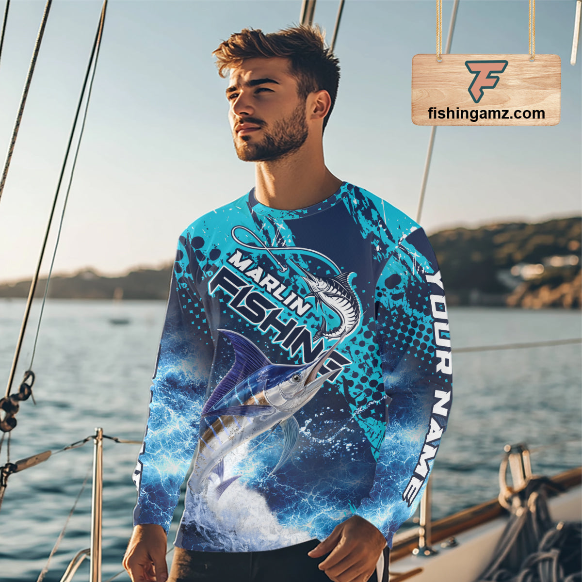 Offshore angler wearing Thunder Lightning marlin fishing shirt on sportfishing boat