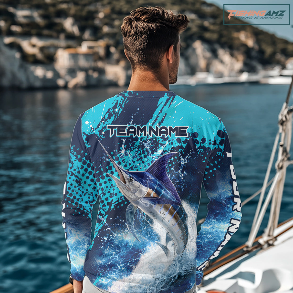 back view of custom saltwater UPF fishing shirt long sleeves