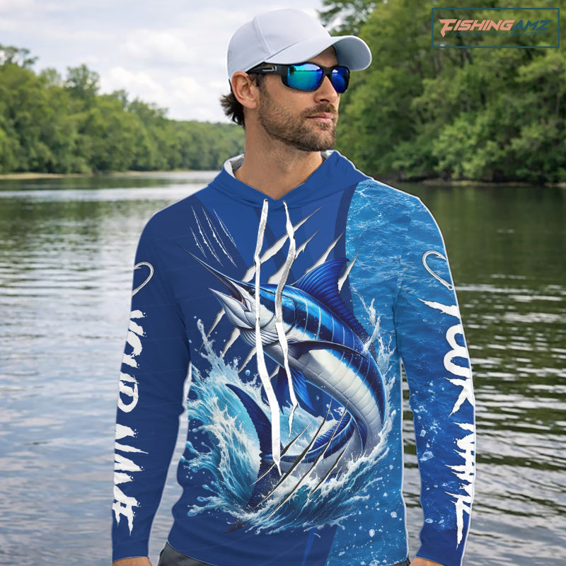 Marlin Fishing Custom Long Sleeve Hooded Performance Fishing Shirts, Marlin Saltwater Fishing Shirt NBT720