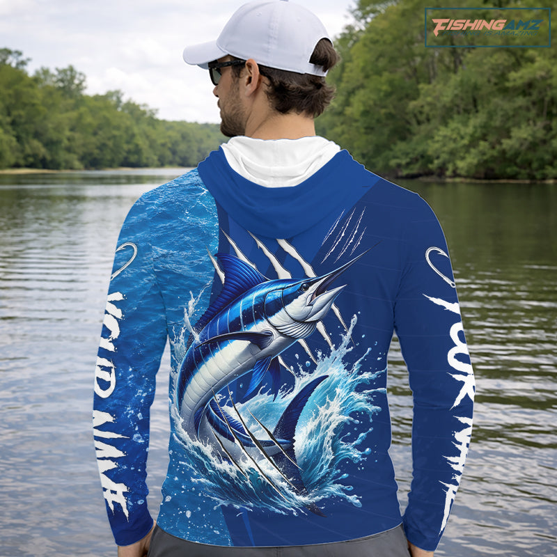Marlin Fishing Custom Long Sleeve Hooded Performance Fishing Shirts, Marlin Saltwater Fishing Shirt NBT720