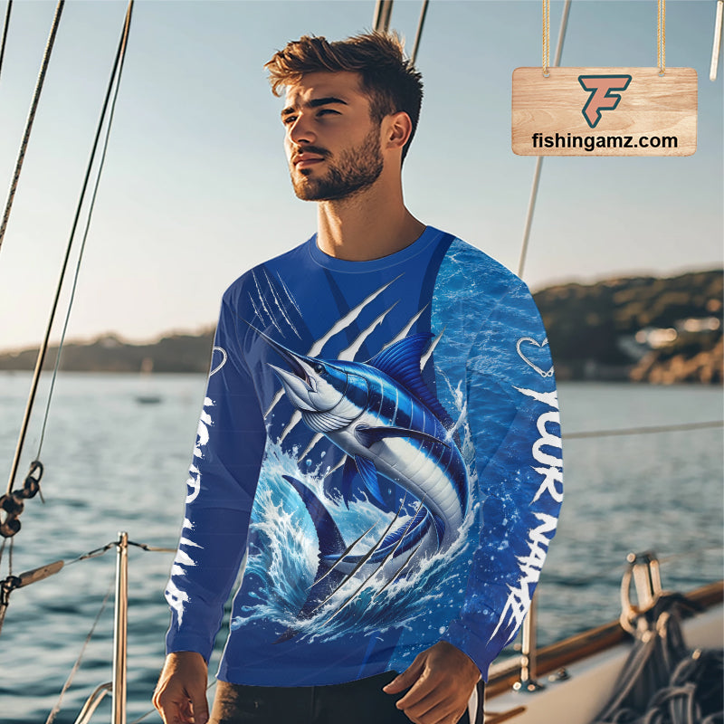 Marlin Fishing Custom Long Sleeve Performance Fishing Shirts, Marlin Saltwater Fishing Shirt NBT720
