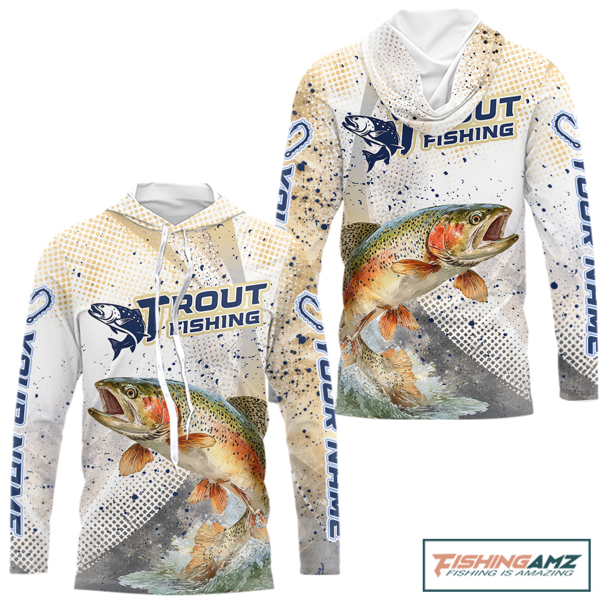 Rainbow Trout Fishing Shirts Long Sleeve Hooded Gray Beige Camo, Trout UPF Fishing Shirts NBT414