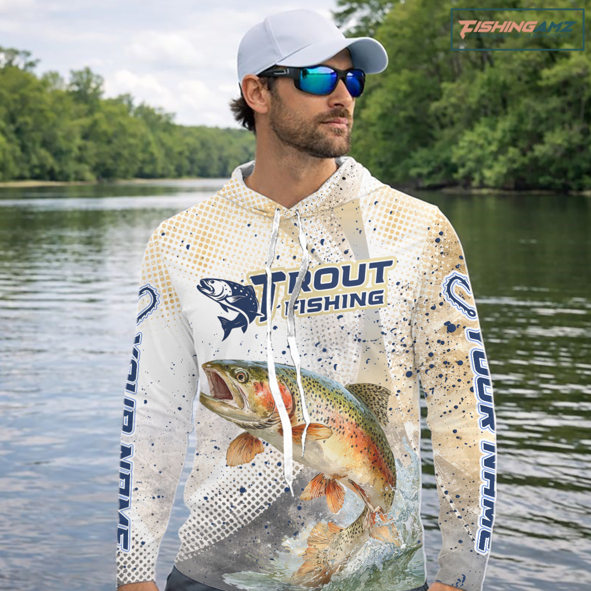 Rainbow Trout Fishing Shirts Long Sleeve Hooded Gray Beige Camo, Trout UPF Fishing Shirts NBT414