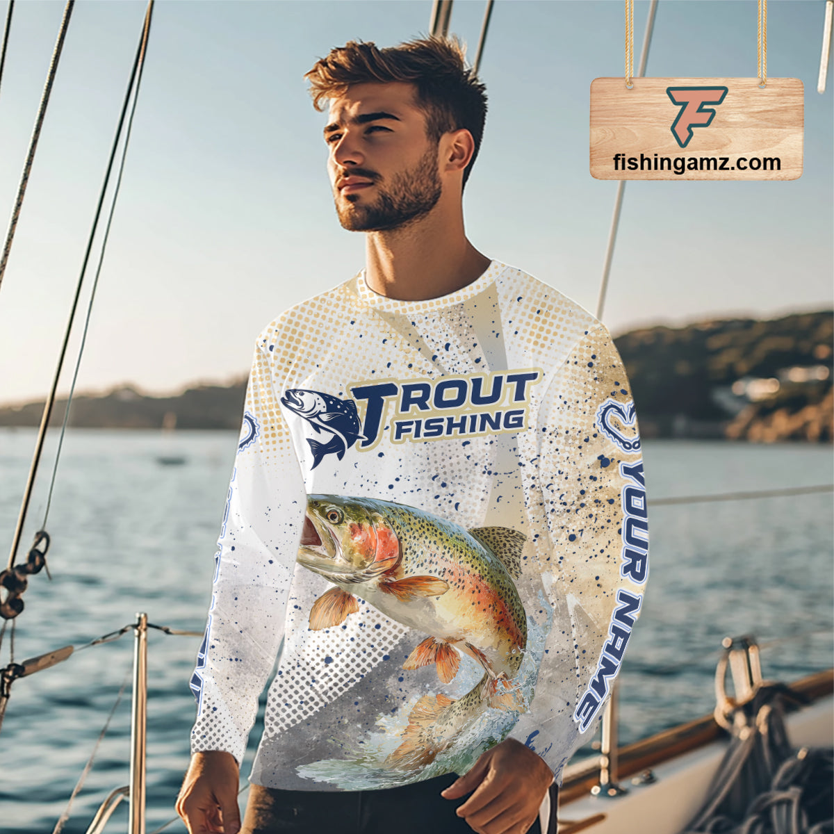 Rainbow Trout Fishing Shirts Long Sleeve Gray Beige Camo, Trout UPF Fishing Shirts NBT414