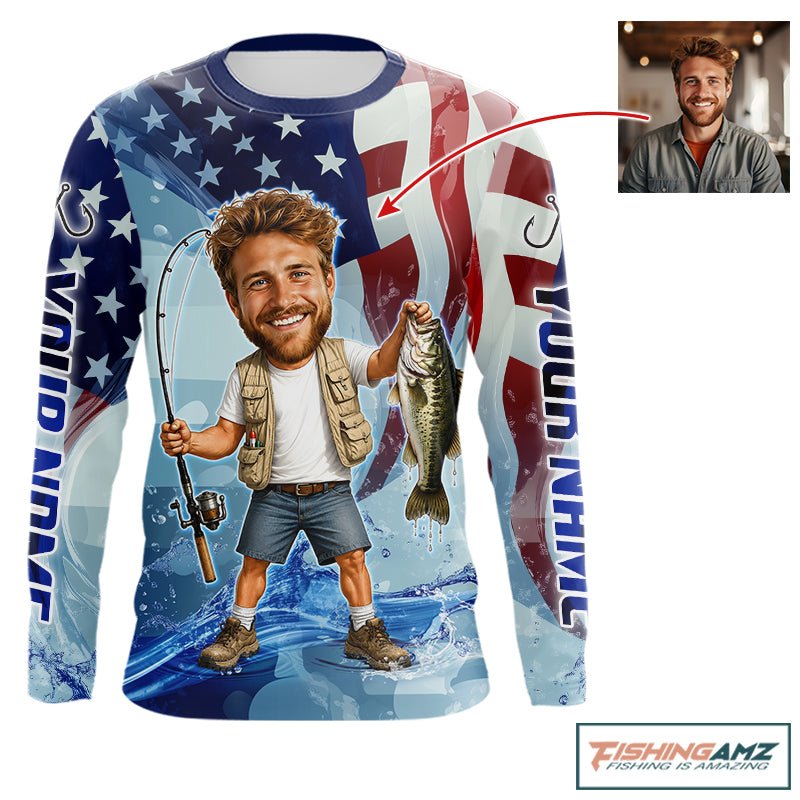 Custom Photo Funny Bass Fishing Shirts Long Sleeve American Flag For Men, Funny Bass Fishing Team|Blue NBT730
