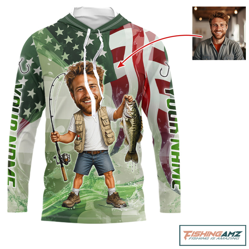 Custom Photo Funny Bass Long Sleeve Hooded Fishing Shirts American Flag For Men, Funny Bass Fishing Team|Green NBT731