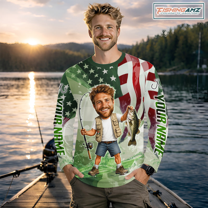 Custom Photo Funny Bass Fishing Shirts Long Sleeve American Flag For Men, Funny Bass Fishing Team|Green NBT731
