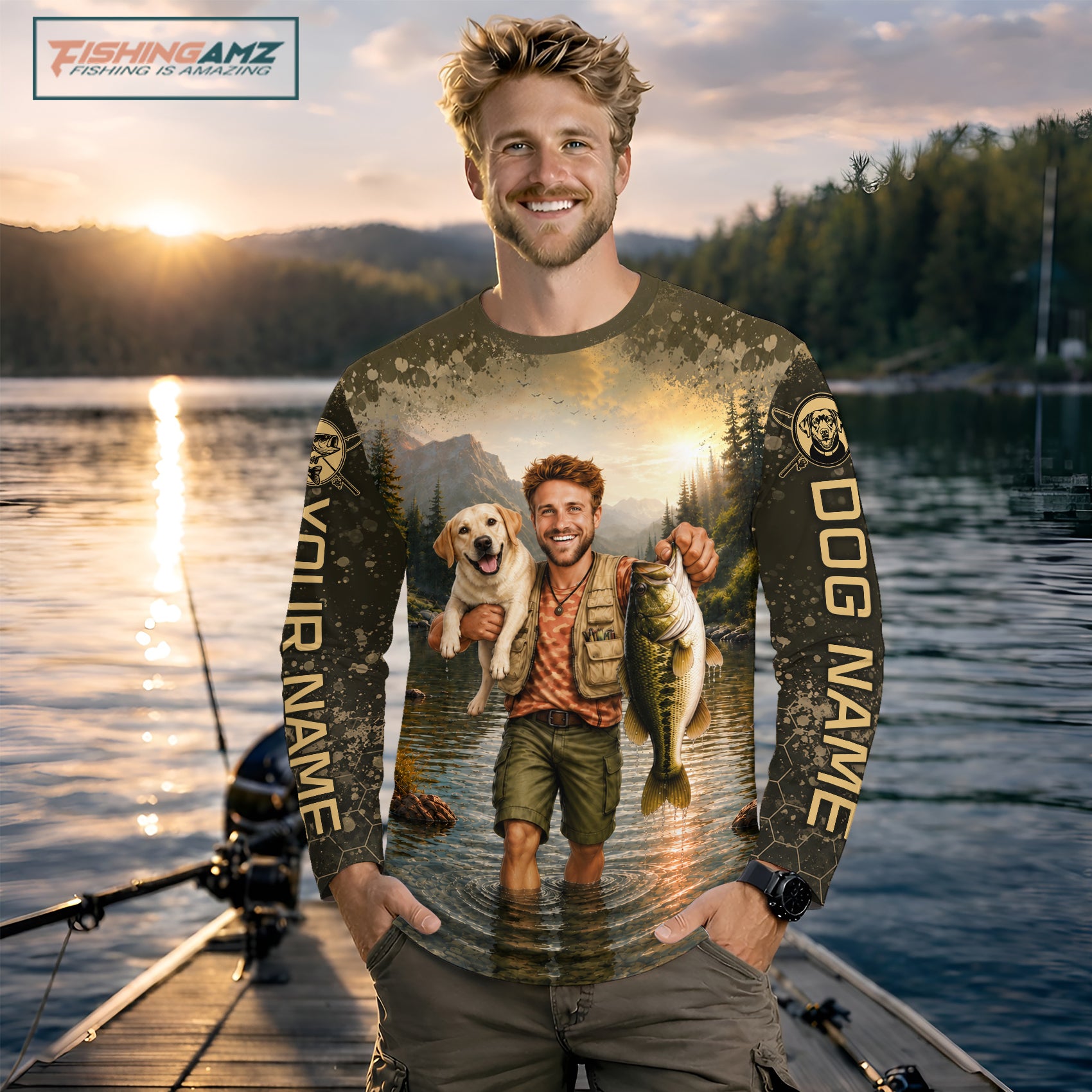 Custom Photo Bass And Dog Fishing Shirts Long Sleeve For Men, Sun Protection Shirts NBT734