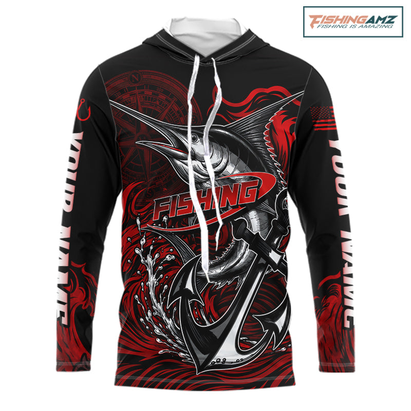 Front view of Marlin Saltwater Fishing Shirt custom ocean camo long sleeve hooded UPF Marlin fishing shirt