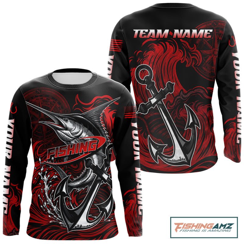 Front and back view of Marlin Saltwater Fishing Shirt custom ocean camo long sleeve hooded UPF Marlin fishing shirt with custom team name on the back