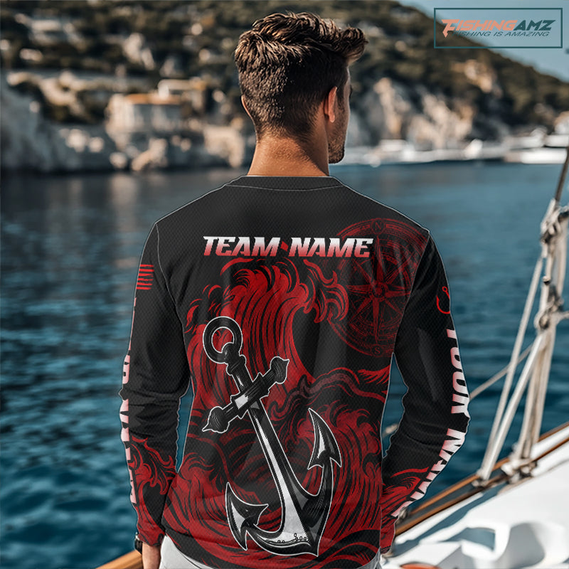 Angler wearing Marlin Saltwater Fishing Shirt custom ocean camo long sleeve UPF on boat offshore tournament fishing
