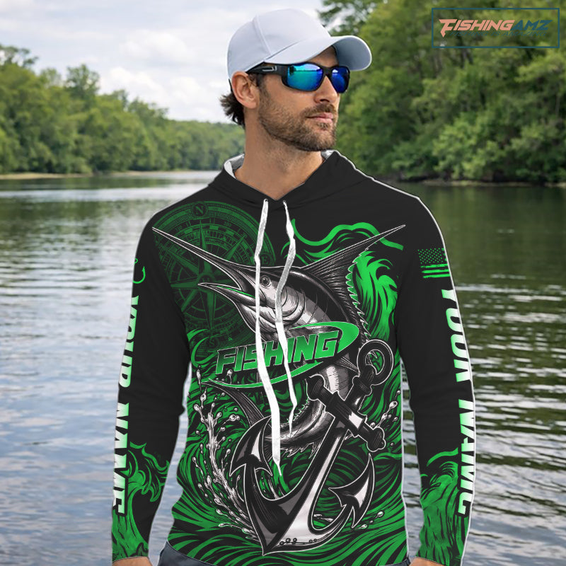 Angler wearing Marlin Saltwater Fishing Shirt custom ocean camo long sleeve hooded UPF on boat offshore tournament fishing