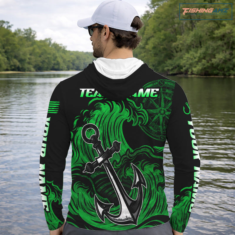 Angler wearing Marlin Saltwater Fishing Shirt custom ocean camo long sleeve hooded UPF on boat offshore tournament fishing with personalized name