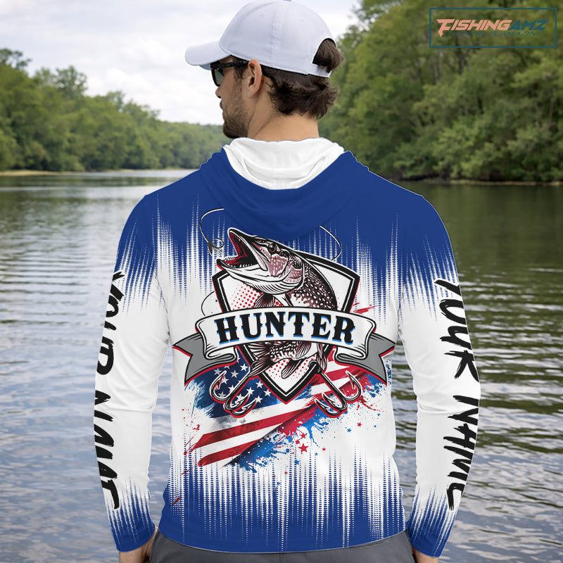 Personalized American Flag Northern Pike Long Sleeve Hooded Shirts, Patriotic Pike Fishing Jerseys|Blue NBT655