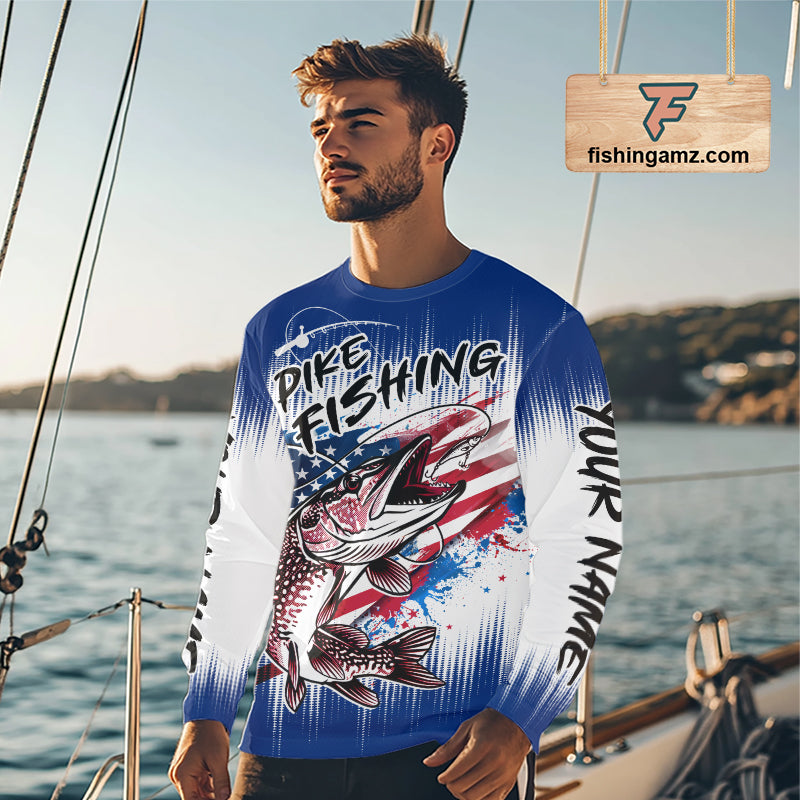 Personalized American Flag Northern Pike Fishing Shirts Long Sleeve, Patriotic Pike Fishing Jerseys|Blue NBT655