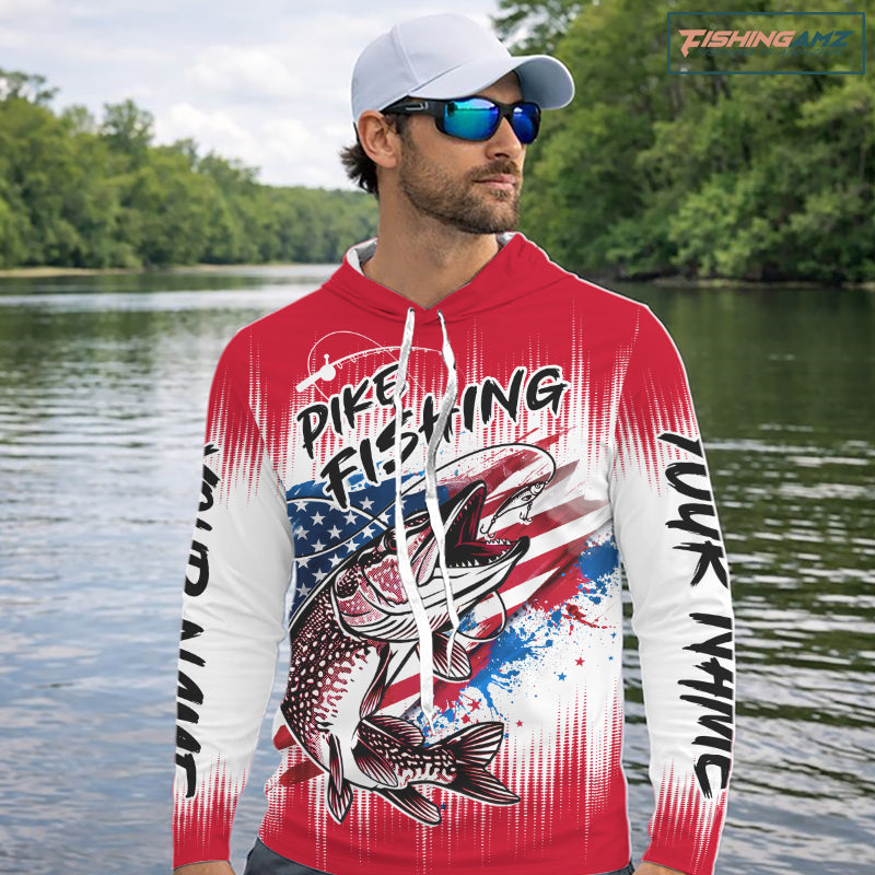 Personalized American Flag Northern Pike Long Sleeve Hooded Shirts, Patriotic Pike Fishing Jerseys|Red NBT656