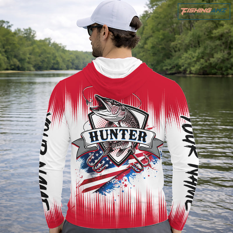 Personalized American Flag Northern Pike Long Sleeve Hooded Shirts, Patriotic Pike Fishing Jerseys|Red NBT656