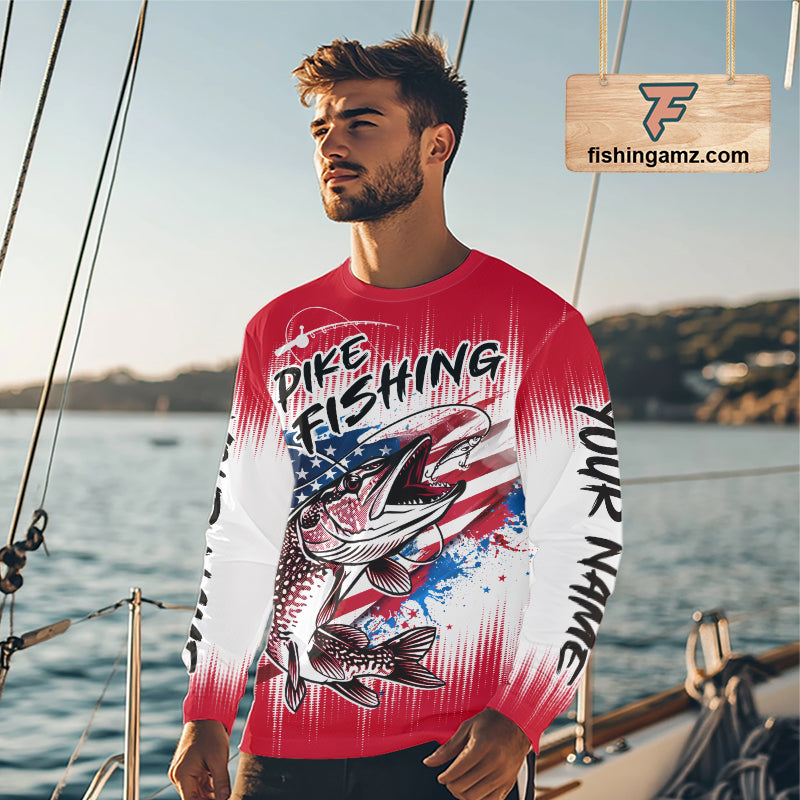 Personalized American Flag Northern Pike Fishing Shirts Long Sleeve, Patriotic Pike Fishing Jerseys|Red NBT656