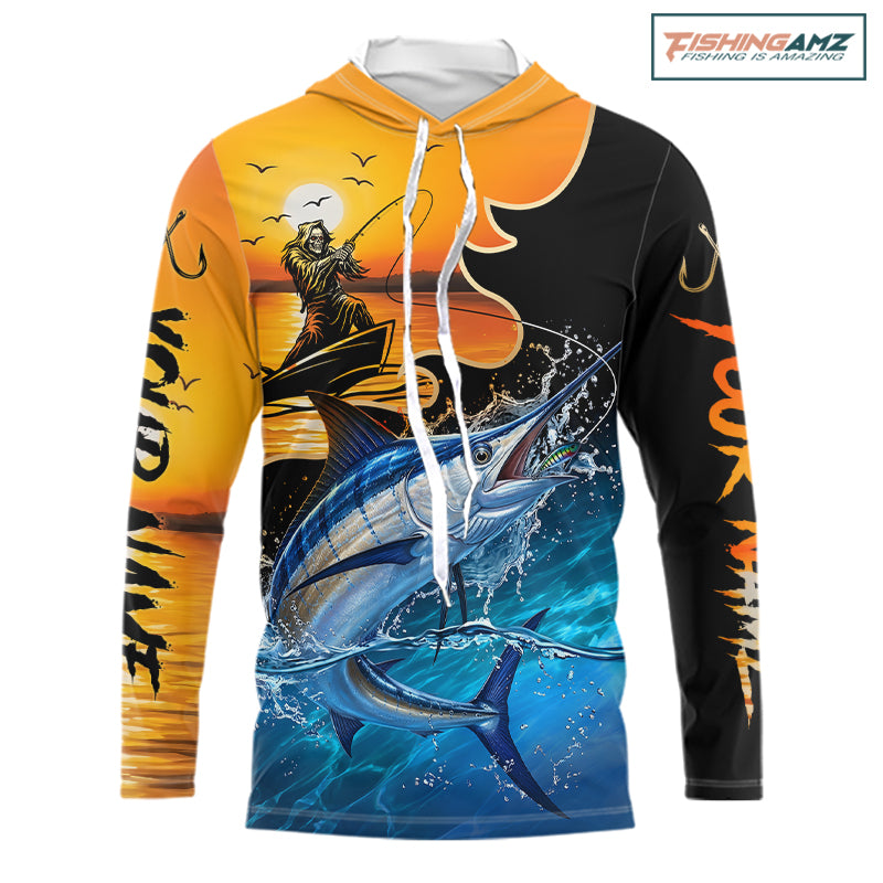 Personalized Fish Reaper Sunset Design Blue Marlin Long Sleeve Hooded Fishing Shirts NBT757