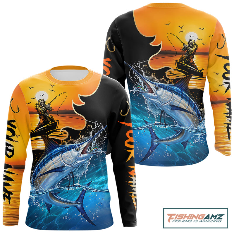 Personalized Fish Reaper Sunset Design Blue Marlin Fishing Shirts Long Sleeve NBT757