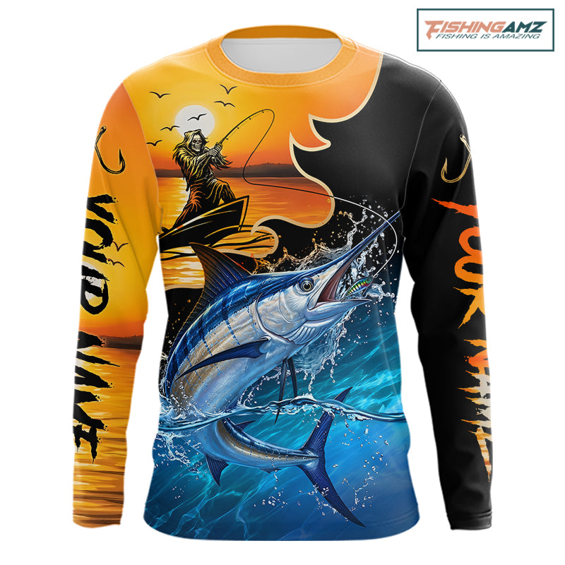 Personalized Fish Reaper Sunset Design Blue Marlin Fishing Shirts Long Sleeve NBT757