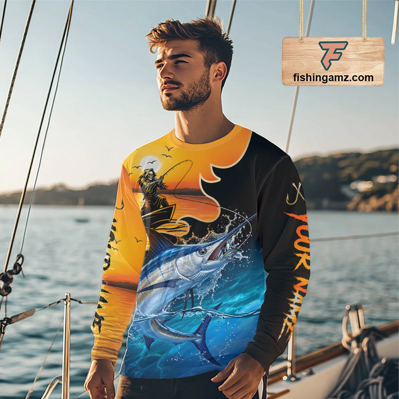 Personalized Fish Reaper Sunset Design Blue Marlin Fishing Shirts Long Sleeve NBT757