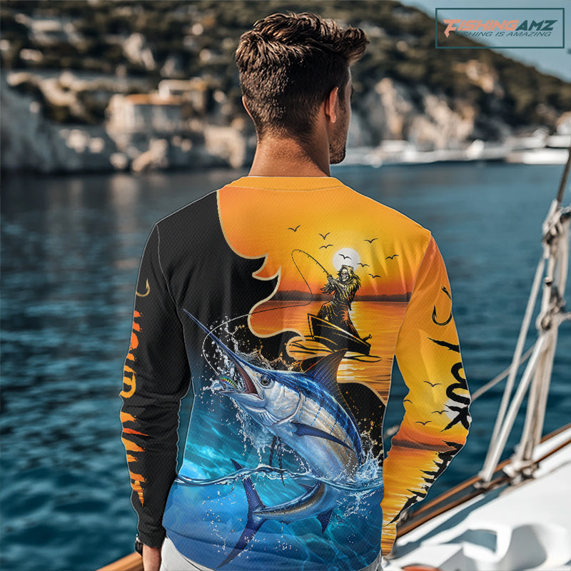 Personalized Fish Reaper Sunset Design Blue Marlin Fishing Shirts Long Sleeve NBT757