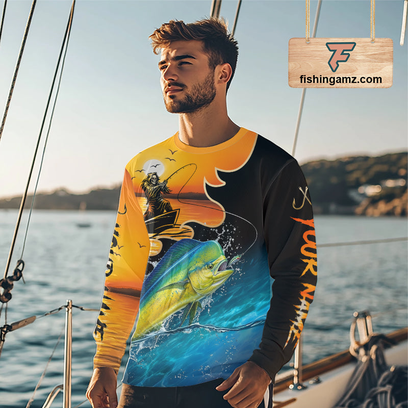 Personalized Fish Reaper Sunset Design Sailfish Fishing Shirts Long Sleeve NBT758