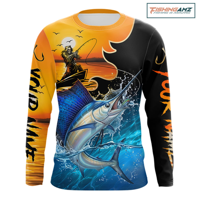 Personalized Fish Reaper Sunset Design Mahi Mahi Fishing Shirts Long Sleeve NBT759