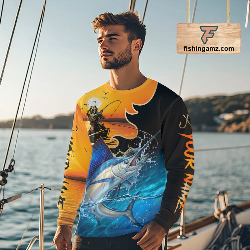 Personalized Fish Reaper Sunset Design Mahi Mahi Fishing Shirts Long Sleeve NBT759