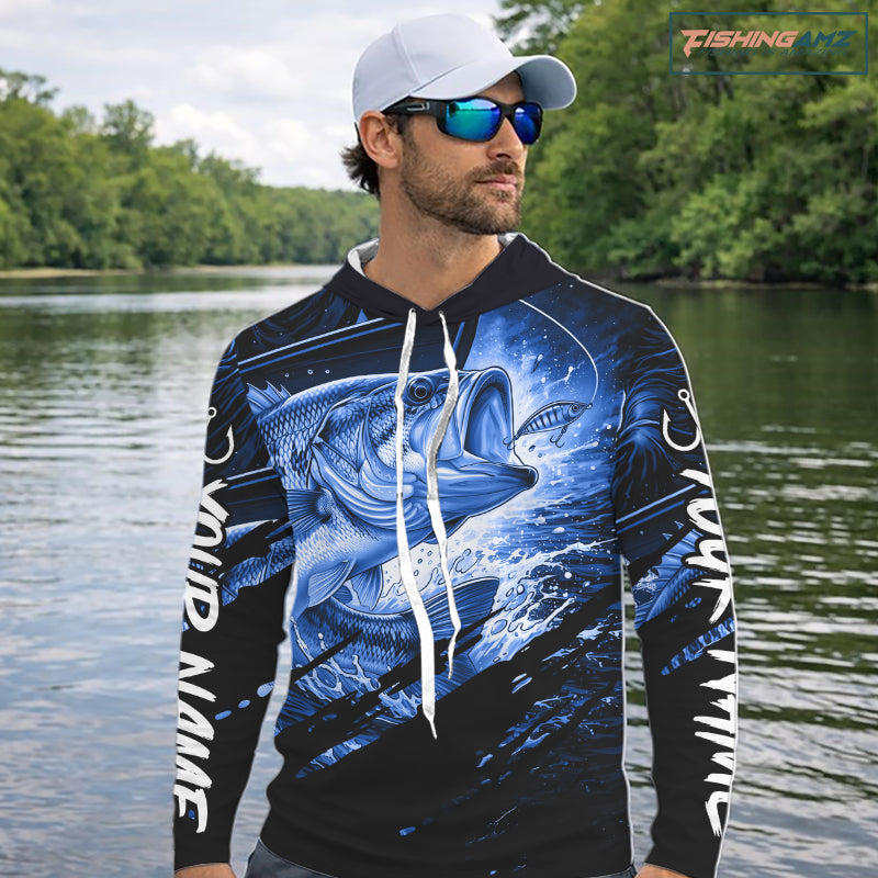 Personalized Largemouth Bass Long Sleeve Hooded Fishing Shirts, Bass Tournament Fishing Jerseys | Blue NBT760