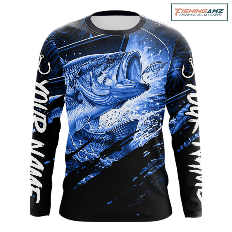 Personalized Largemouth Bass Fishing Shirts Long Sleeve, Bass Tournament Fishing Jerseys | Blue NBT760