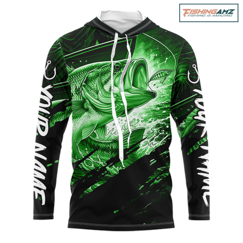 Personalized Largemouth Bass Long Sleeve Hooded Fishing Shirts, Bass Tournament Fishing Jerseys | Green NBT761