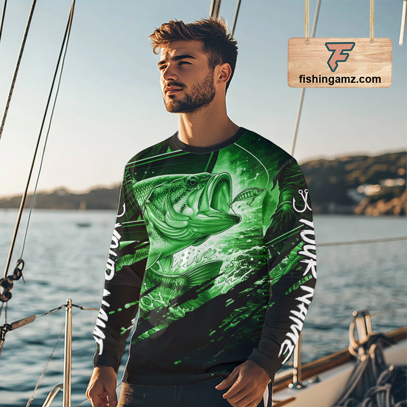 Personalized Largemouth Bass Fishing Shirts Long Sleeve, Bass Tournament Fishing Jerseys | Green NBT761