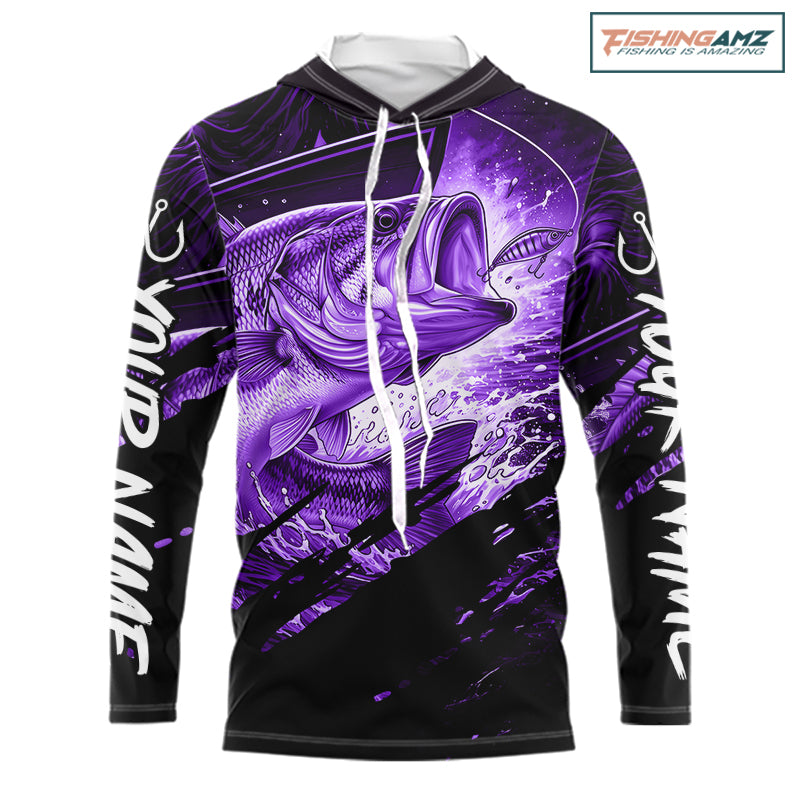 Personalized Largemouth Bass Long Sleeve Hooded Fishing Shirts, Bass Tournament Fishing Jerseys | Purple NBT762