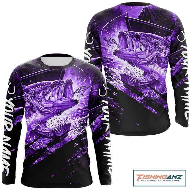 Personalized Largemouth Bass Fishing Shirts Long Sleeve, Bass Tournament Fishing Jerseys | Purple NBT762