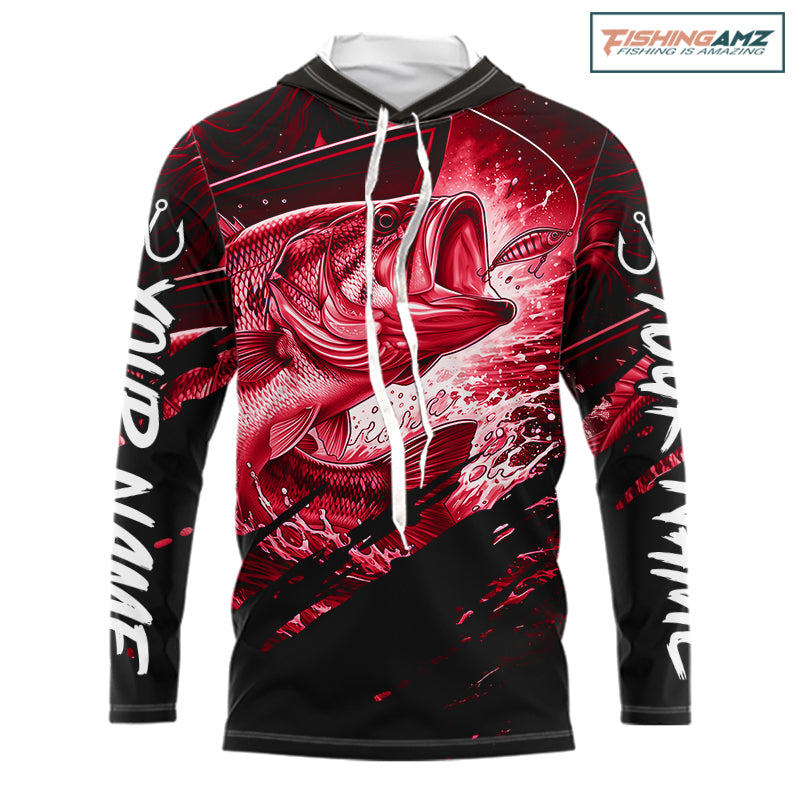 Personalized Largemouth Bass Long Sleeve Hooded Fishing Shirts, Bass Tournament Fishing Jerseys | Red NBT763