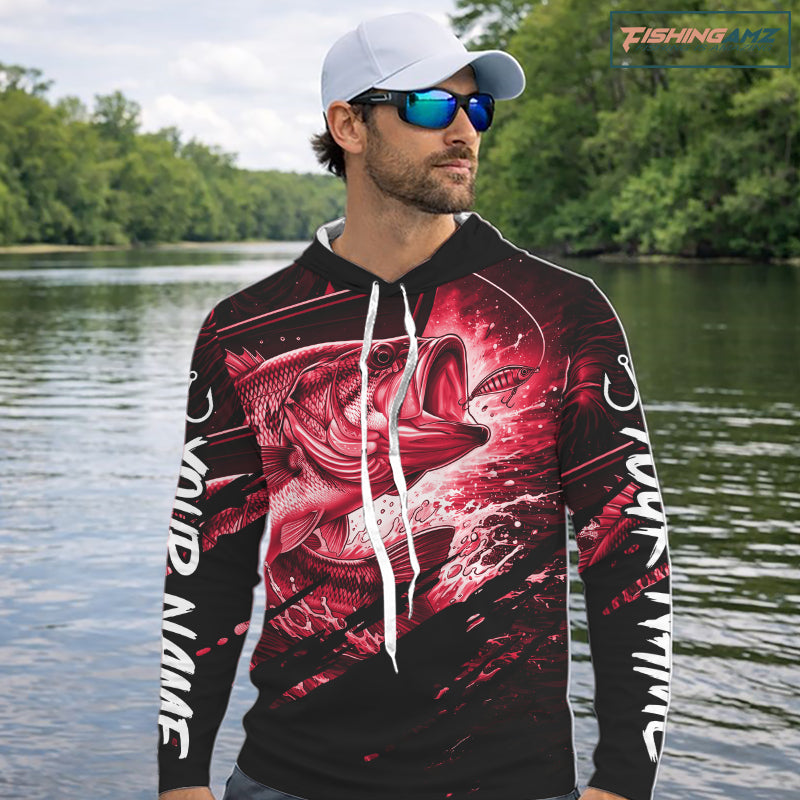 Personalized Largemouth Bass Long Sleeve Hooded Fishing Shirts, Bass Tournament Fishing Jerseys | Red NBT763