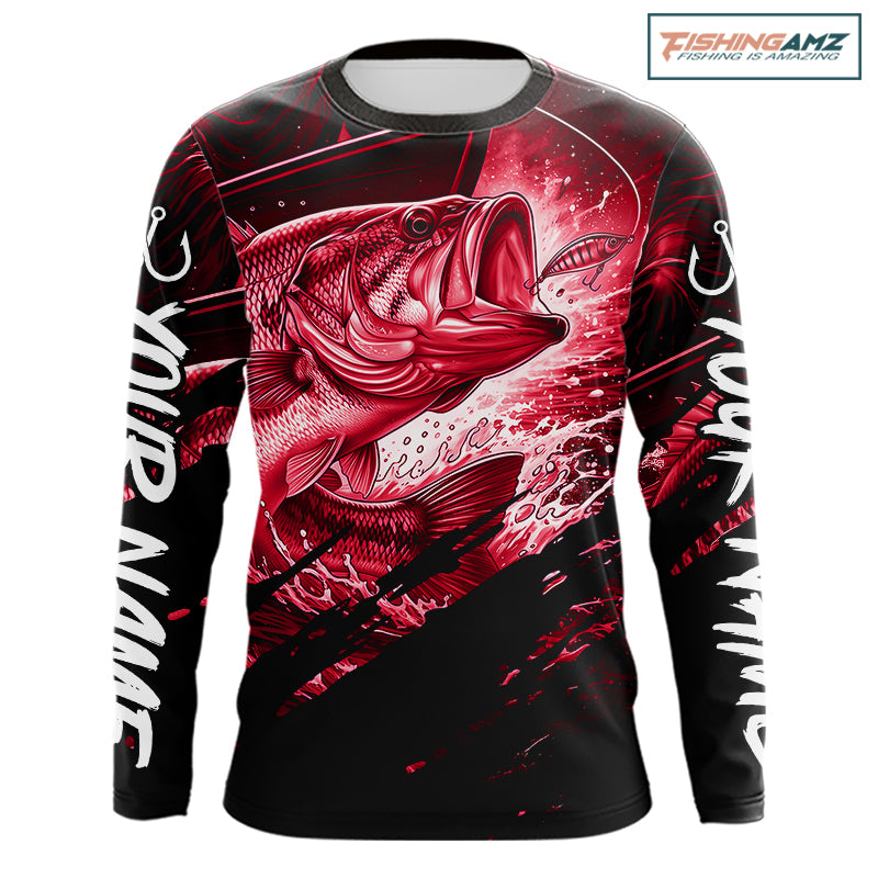 Personalized Largemouth Bass Fishing Shirts Long Sleeve, Bass Tournament Fishing Jerseys | Red NBT763