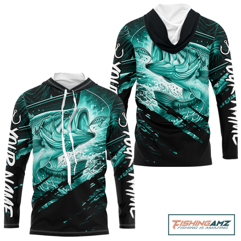 Personalized Largemouth Bass Long Sleeve Hooded Fishing Shirts, Bass Tournament Fishing Jerseys | Turquoise NBT764