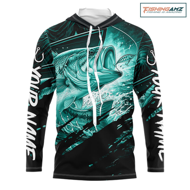 Personalized Largemouth Bass Long Sleeve Hooded Fishing Shirts, Bass Tournament Fishing Jerseys | Turquoise NBT764