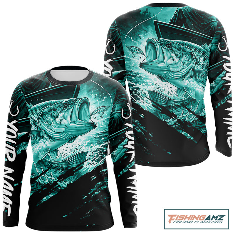 Personalized Largemouth Bass Fishing Shirts Long Sleeve, Bass Tournament Fishing Jerseys | Turquoise NBT764